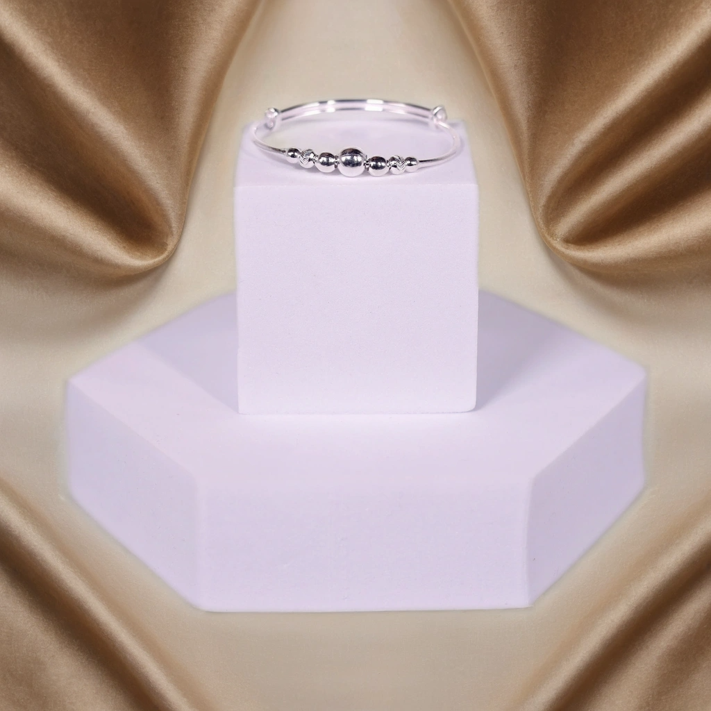 Shiny Beads Hoops Silver Kada for Kids (Pair-Set of Two) - Pure 925 Silver - Image 2