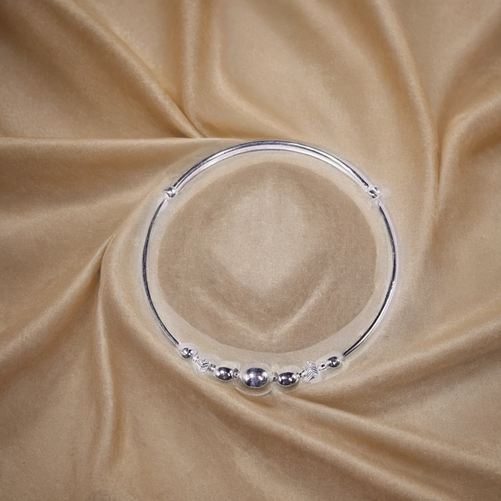 Shiny Beads Hoops Silver Kada for Kids (Pair-Set of Two) - Pure 925 Silver - Image 3